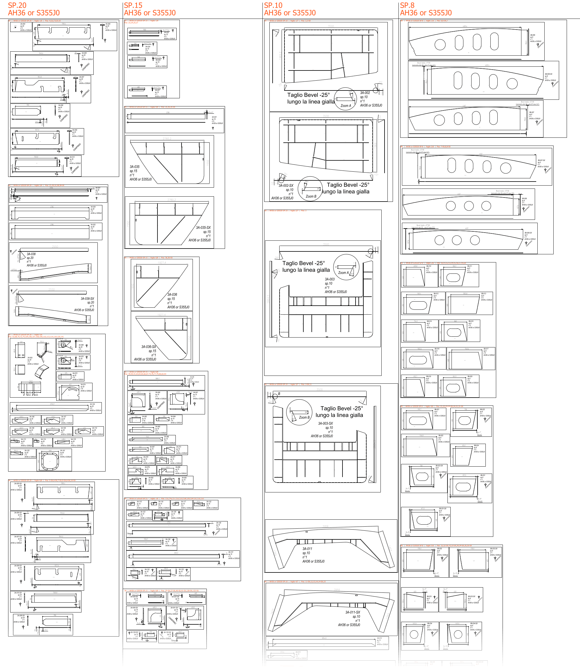 A single DXF file with every flat part of a welded assembly, in columns by plate thickness: 20, 15, 10 and 8 mm.