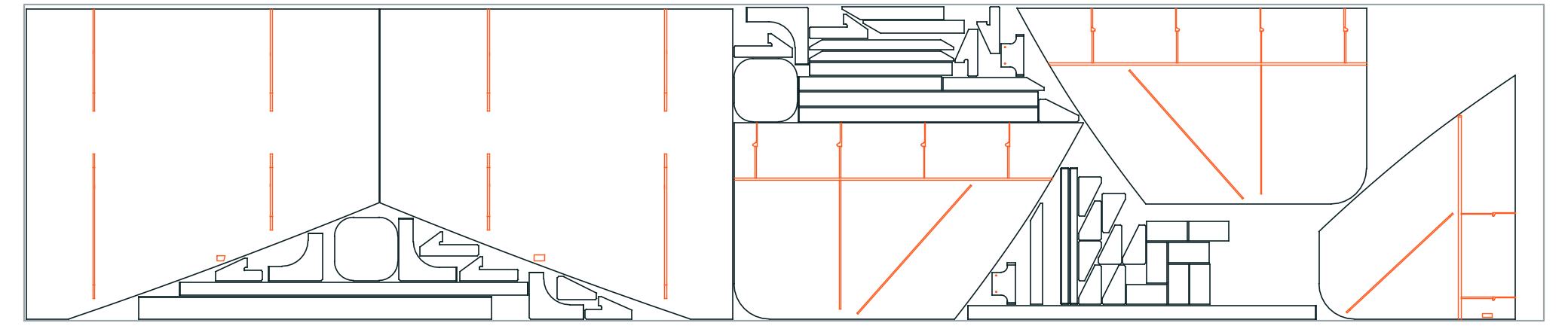 A 12 by 2.5 metre steel sheet with many parts nested on it: dark cutting outlines and orange marking lines.