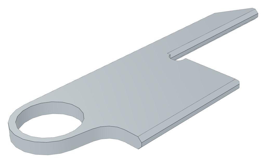 Part P-033 as it arrives: a grey 3D body from the STEP model, a 30 mm plate with a round hole, no dimensions and no information for the shop.