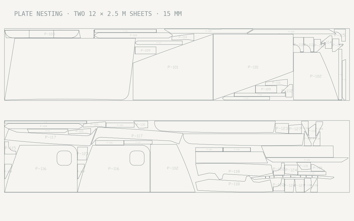 Two 12 by 2.5 metre sheets, 15 mm, from this nesting: parts placed by their real outline. Part codes renamed P-101 to P-135, every other text removed.