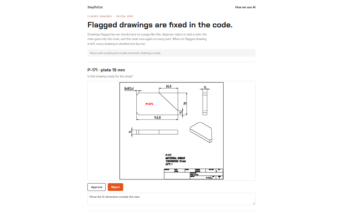 Review page for flagged drawings: drawing P-171 with the buttons Approve and Reject and a note field. Reject is selected, with the note: Move the 15 dimension outside the view.